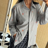 LOTUS SHIRT,  GREY FLORAL EMBROIDERY GINGHAM COTTON