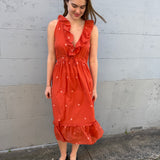 THAMES RUFFLE DRESS, POLKA BURNT ORANGE JAMDANI