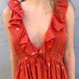 THAMES RUFFLE DRESS, POLKA BURNT ORANGE JAMDANI