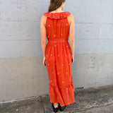 THAMES RUFFLE DRESS, POLKA BURNT ORANGE JAMDANI