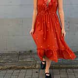 THAMES RUFFLE DRESS, POLKA BURNT ORANGE JAMDANI
