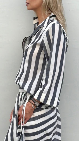 YAMUNA SHIRT, IVORY / BLACK STRIPE COTTON