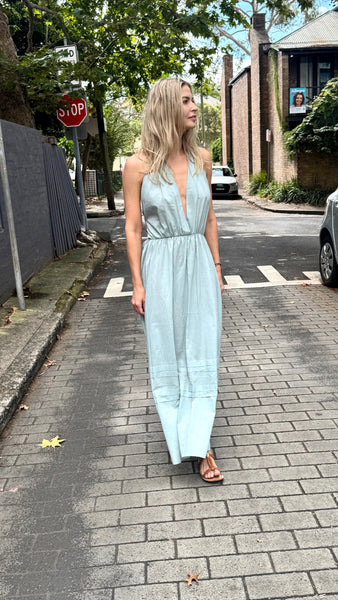 LUNI HALTER DRESS,MINT BLUE COTTON VOILE