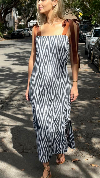 RIBBON DRESS, IKAT MONOCHROME HANDLOOM COTTON