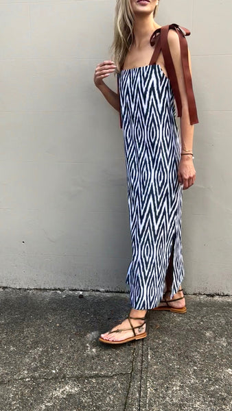 RIBBON DRESS, IKAT MONOCHROME HANDLOOM COTTON