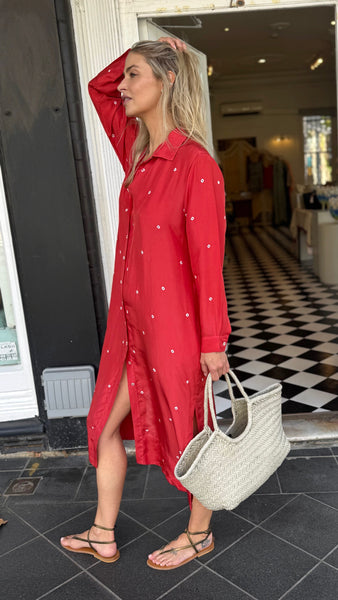 ZINNIA SHIRT DRESS, RUST/IVORY BANDHINI TIE&DYE SILK