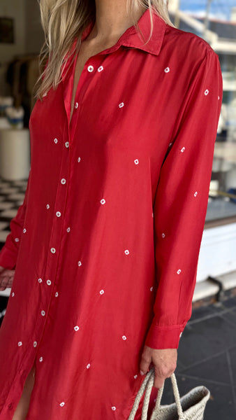 ZINNIA SHIRT DRESS, RUST/IVORY BANDHINI TIE&DYE SILK