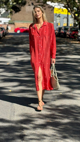 ZINNIA SHIRT DRESS, RUST/IVORY BANDHINI TIE&DYE SILK