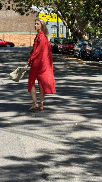 ZINNIA SHIRT DRESS, RUST/IVORY BANDHINI TIE&DYE SILK