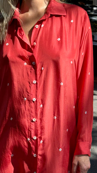 ZINNIA SHIRT DRESS, RUST/IVORY BANDHINI TIE&DYE SILK