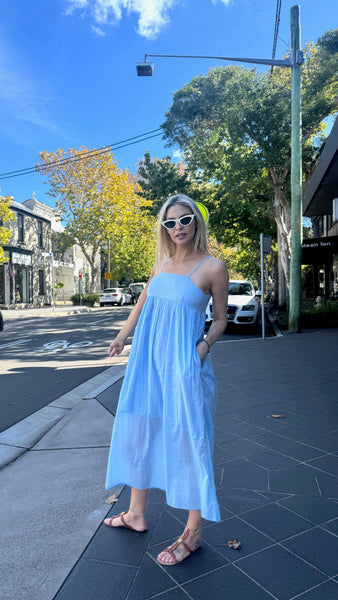 IRIS SLIP DRESS, BLUE COTTON