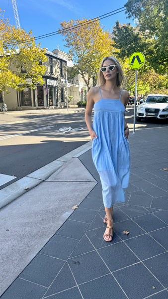 IRIS SLIP DRESS, BLUE COTTON