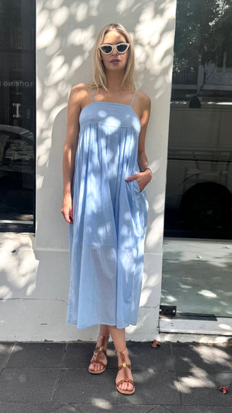 IRIS SLIP DRESS, BLUE COTTON