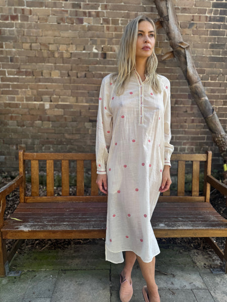 JASMINE DRESS, IVORY/RED POLKA COTTON