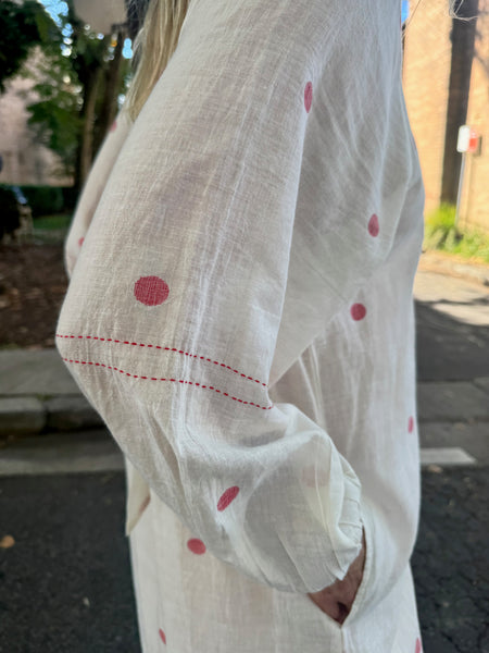JASMINE DRESS, IVORY/RED POLKA COTTON