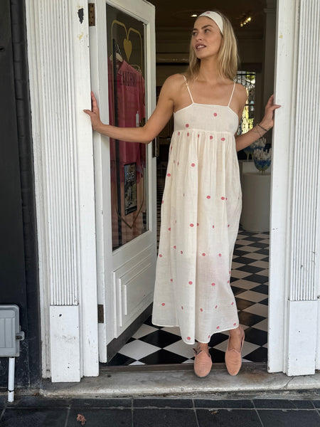 IRIS SLIP DRESS, IVORY/RED POLKA COTTON