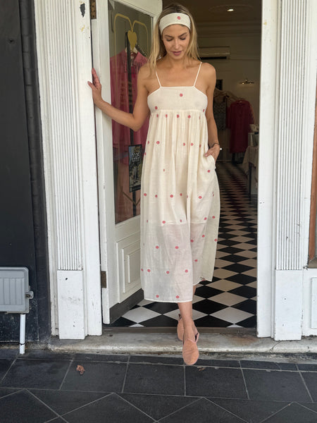 IRIS SLIP DRESS, IVORY/RED POLKA COTTON