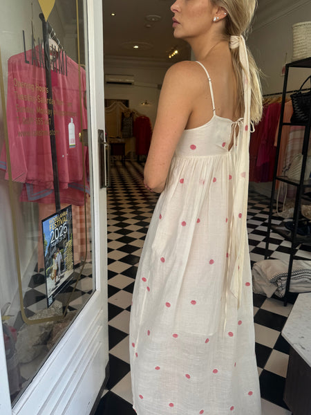 IRIS SLIP DRESS, IVORY/RED POLKA COTTON