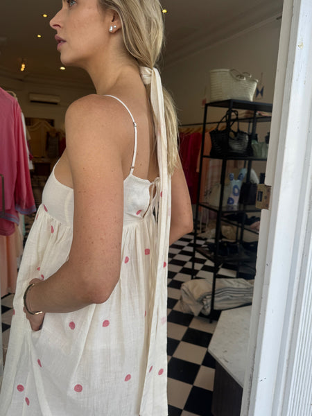 IRIS SLIP DRESS, IVORY/RED POLKA COTTON