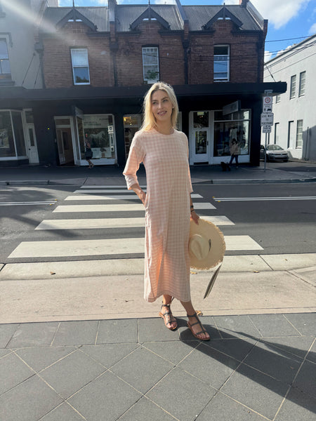MANER SWING DRESS, PINK GINGHAM COTTON