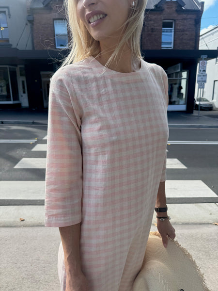 MANER SWING DRESS, PINK GINGHAM COTTON