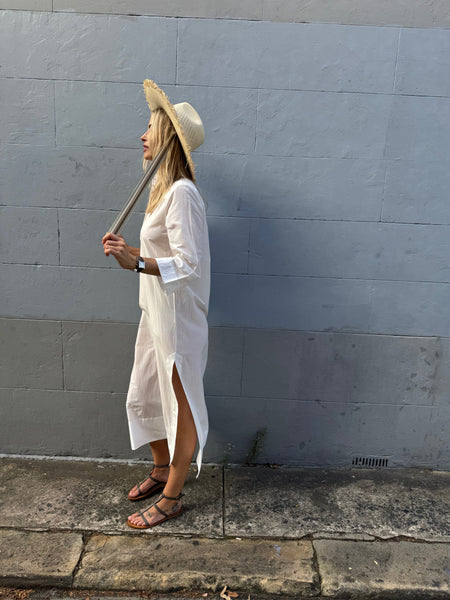 KAVERI  DRESS, WHITE COTTON SILK