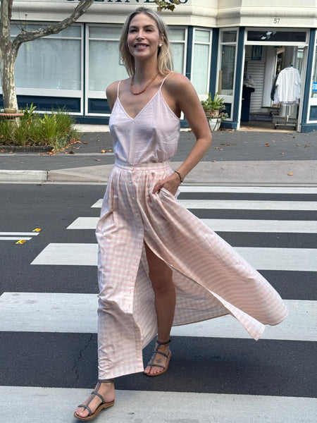 MANER MAXI SKIRT, PINK GINGHAM COTTON