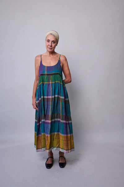 OYSTER SLIP DRESS, GREEN // PURPLE COTTON