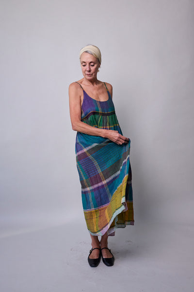 OYSTER SLIP DRESS, GREEN // PURPLE COTTON