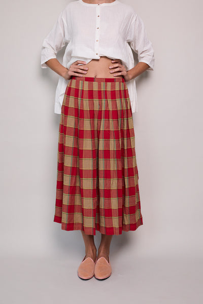 SCARLET RED PLEAT SKIRT, CHECKERED