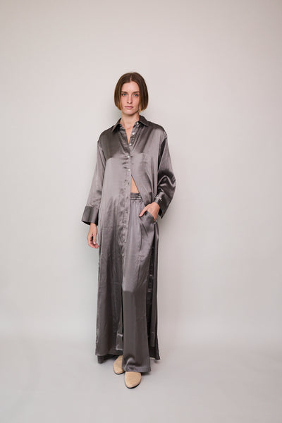 MELANY SHIRT DRESS, SATIN SILK SILVER