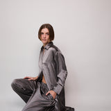 MELANY SHIRT DRESS, SATIN SILK SILVER