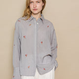 LOTUS SHIRT,  GREY FLORAL EMBROIDERY GINGHAM COTTON