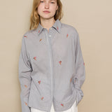 LOTUS SHIRT,  GREY FLORAL EMBROIDERY GINGHAM COTTON
