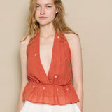 LUNA HALTER BLOUSE, POLKA BURNT ORANGE JAMDANI