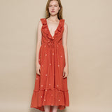 THAMES RUFFLE DRESS, POLKA BURNT ORANGE JAMDANI
