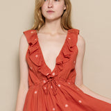 THAMES RUFFLE DRESS, POLKA BURNT ORANGE JAMDANI