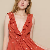 THAMES RUFFLE DRESS, POLKA BURNT ORANGE JAMDANI