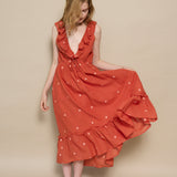 THAMES RUFFLE DRESS, POLKA BURNT ORANGE JAMDANI