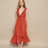 THAMES RUFFLE DRESS, POLKA BURNT ORANGE JAMDANI