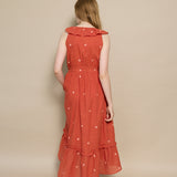 THAMES RUFFLE DRESS, POLKA BURNT ORANGE JAMDANI