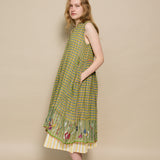 ARORA DRESS, KHAKI // GREEN CHECK COTTON JAMDANI