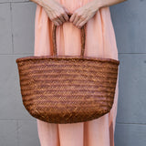 TRIPLE JUMP LARGE WOVEN TOTE BASKET, TAN BROWN LEATHER  DRAGON DIFFUSION