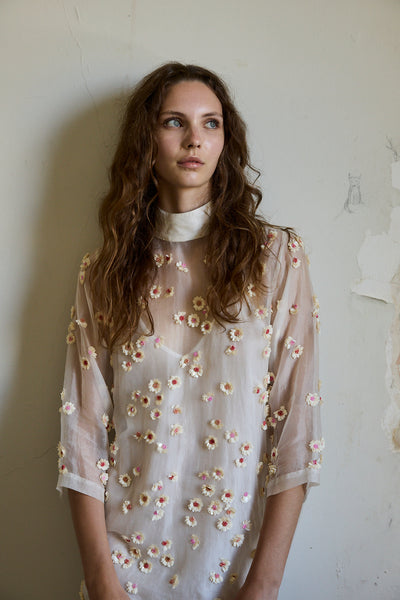 IRIS EMBROIDERY TUNIC, IVORY FLORAL ORGANZA