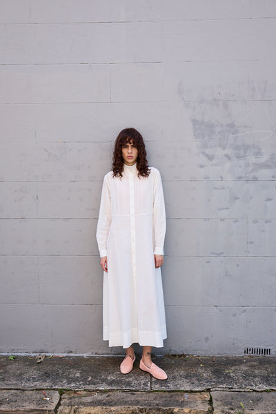 BLOSSOM DRESS, HANDWOVEN COTTON SILK PEACH/WHITE