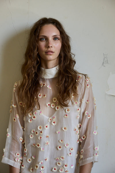 IRIS EMBROIDERY TUNIC, IVORY FLORAL ORGANZA