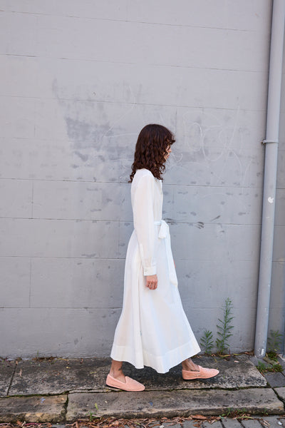 BLOSSOM DRESS, HANDWOVEN COTTON SILK PEACH/WHITE