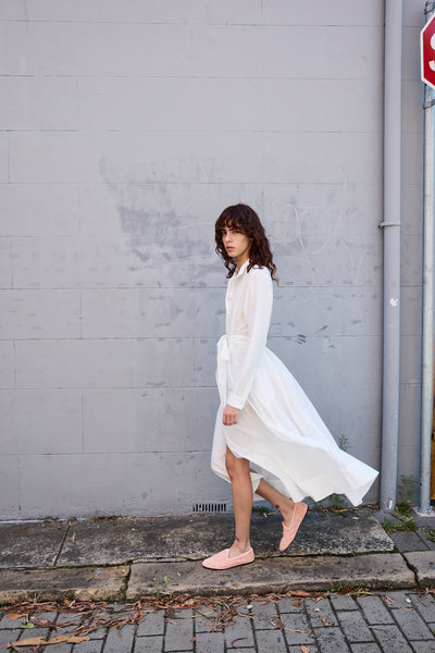 BLOSSOM DRESS, HANDWOVEN COTTON SILK PEACH/WHITE