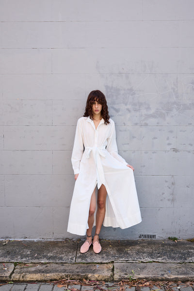 BLOSSOM DRESS, HANDWOVEN COTTON SILK PEACH/WHITE
