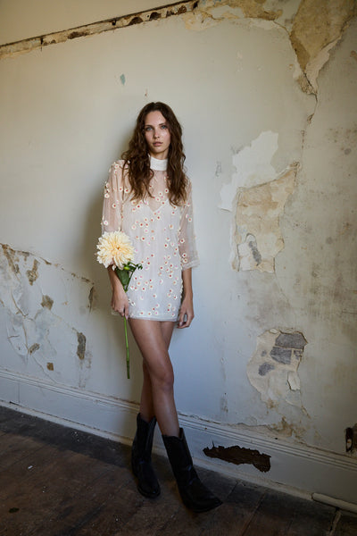 IRIS EMBROIDERY TUNIC, IVORY FLORAL ORGANZA
